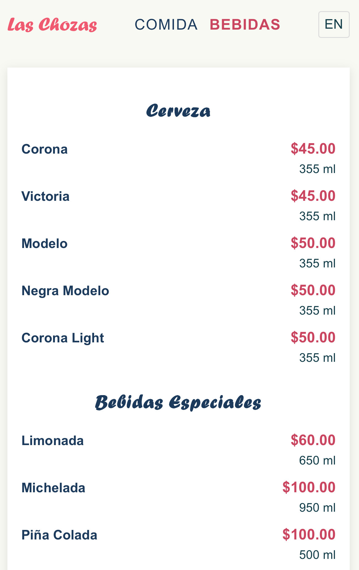 Las Chozas — drinks menu