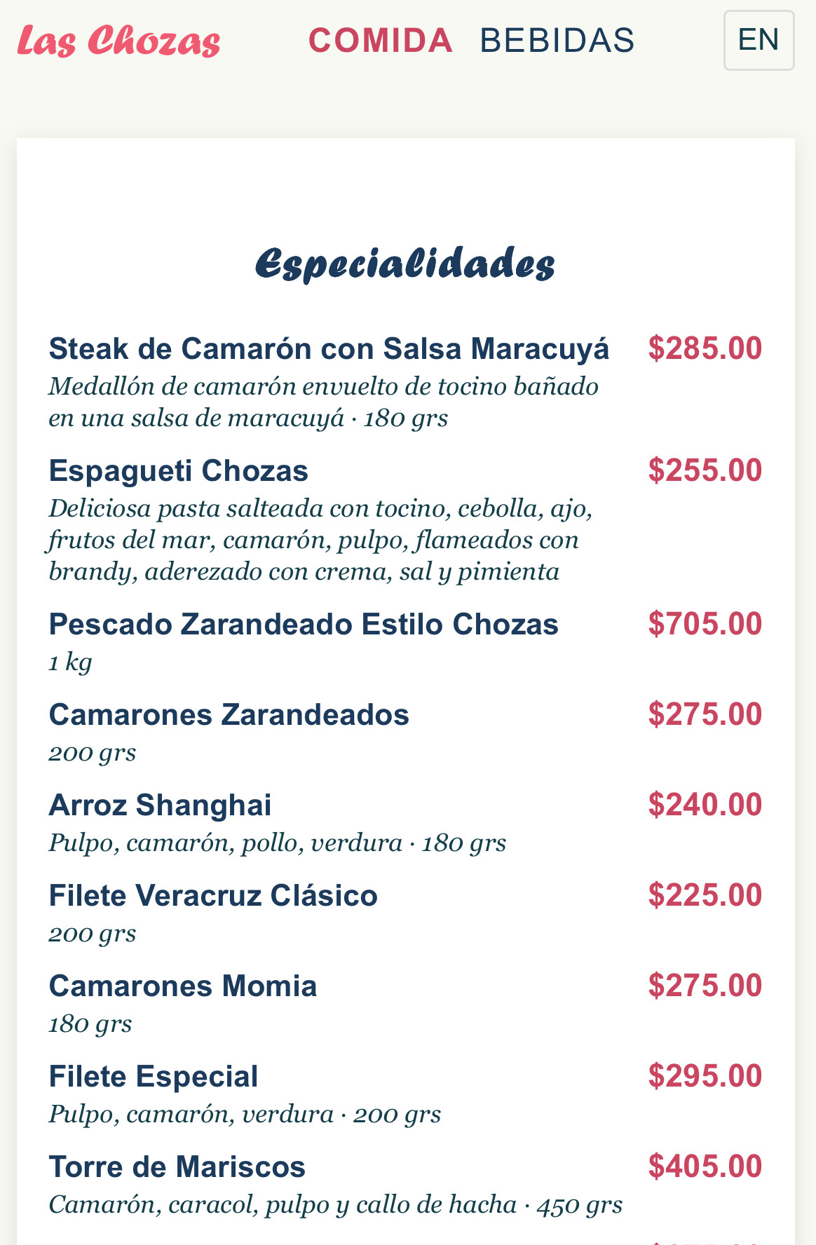 Las Chozas — food menu